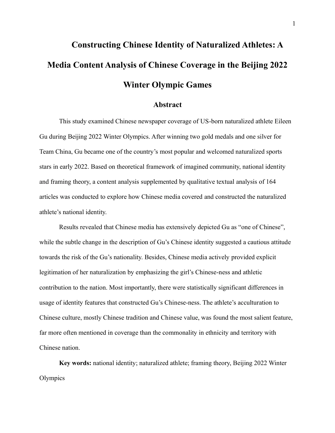 First page of the naturalized athletes and Chinese identity paper