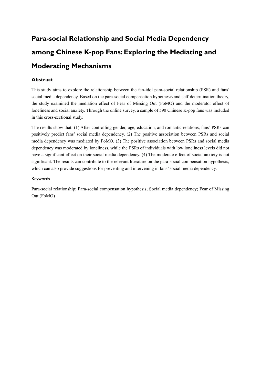 First page of the parasocial relationship and social media dependency paper