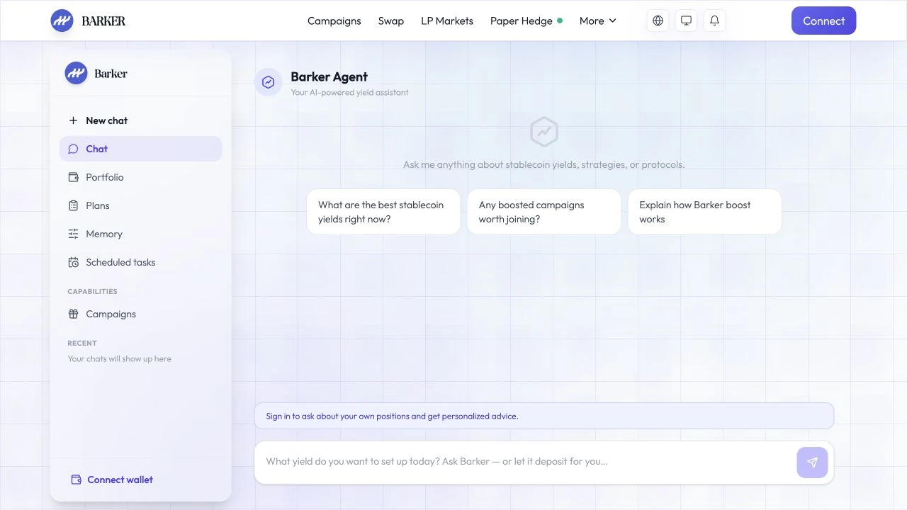 Barker Agent conversation workspace with suggested prompts and agent navigation.