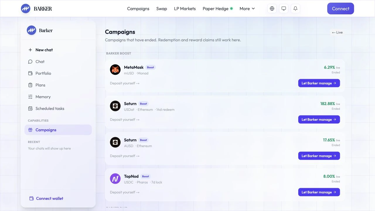 Barker Agent Past tab showing previous campaigns.