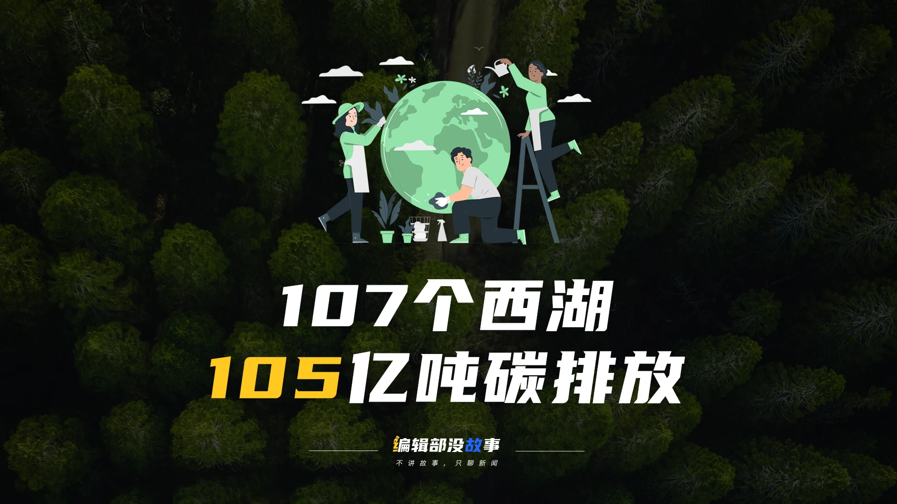 Original carbon emissions article cover with a forest background, an illustrated globe, and the title 107 West Lakes, 10.5 billion tonnes of carbon emissions.