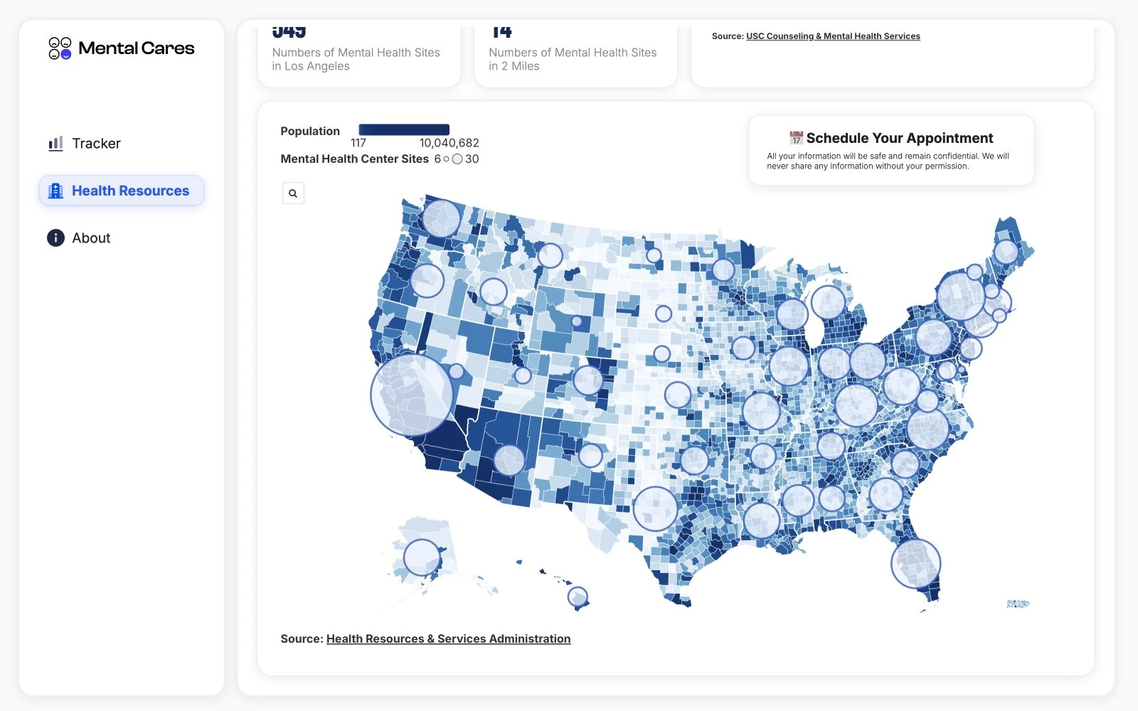 Mental Cares interactive map of mental-health resources in the United States.