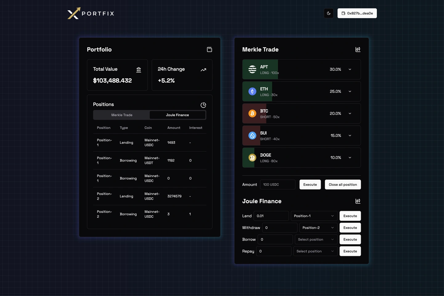 Original PortFiX prototype screenshot showing portfolio positions, Merkle Trade allocations, and Joule Finance actions.
